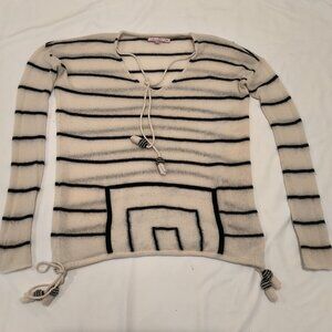 CALYPSO White and Black Striped Long Sleeve Cashmere Sweater Size XS